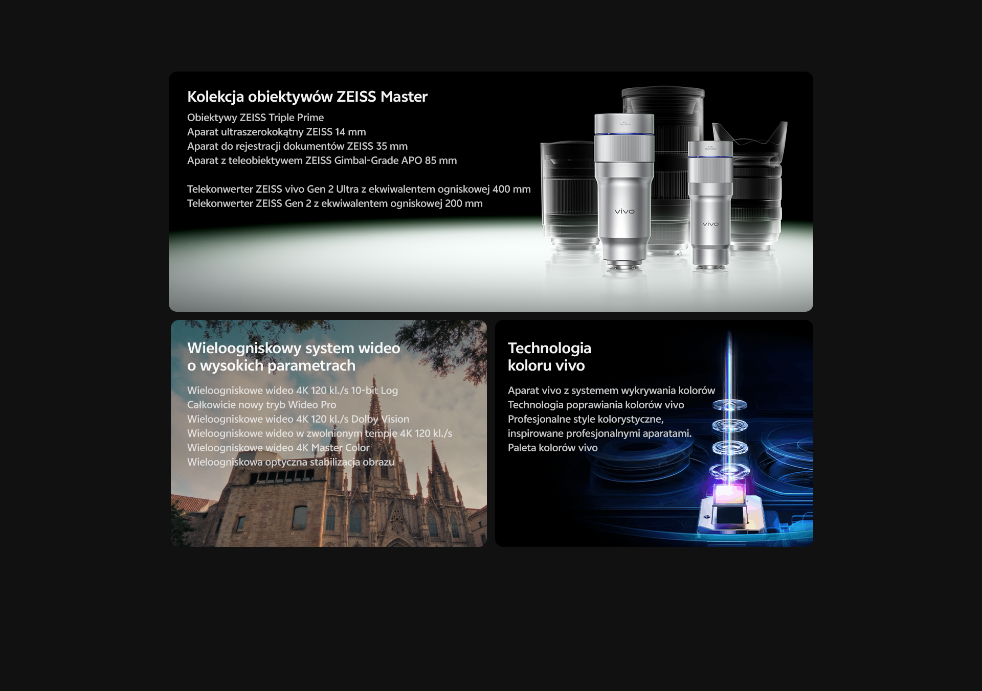 Kolekcja obiektywów ZEISS Master Obiektywy ZEISS Triple Prime Aparat ultraszerokokątny ZEISS 14 mm Aparat do rejestracji dokumentów ZEISS 35 mm Aparat z teleobiektywem ZEISS Gimbal-Grade APO 85 mm  Telekonwerter ZEISS vivo Gen 2 Ultra z ekwiwalentem ogniskowej 400 mm Telekonwerter ZEISS Gen 2 z ekwiwalentem ogniskowej 200 mm  Wieloogniskowy system wideo o wysokich parametrach Wieloogniskowe wideo 4K 120 kl./s 10-bit Log Całkowicie nowy tryb Wideo Pro Wieloogniskowe wideo 4K 120 kl./s Dolby Vision Wieloogniskowe wideo w zwolnionym tempie 4K 120 kl./s Wieloogniskowe wideo 4K Master Color Wieloogniskowa optyczna stabilizacja obrazu  Technologia koloru vivo Aparat vivo z systemem wykrywania kolorów Technologia poprawiania kolorów vivo Profesjonalne style kolorystyczne, inspirowane profesjonalnymi aparatami. Paleta kolorów vivo